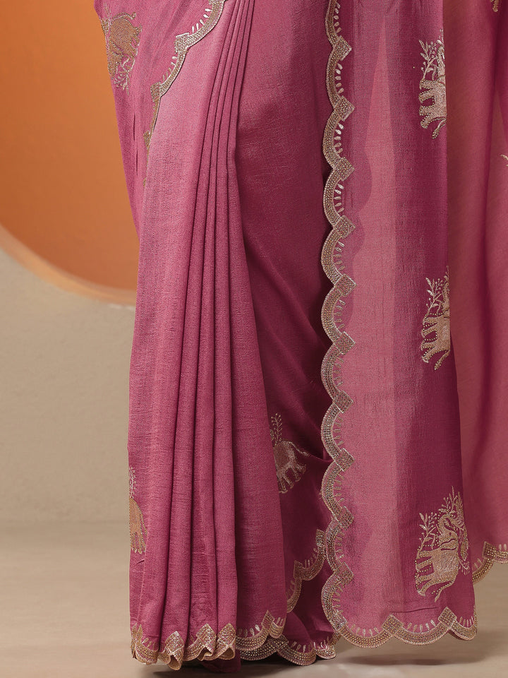 Mauve Embellished Chinon Saree With Unstitched Blouse Piece