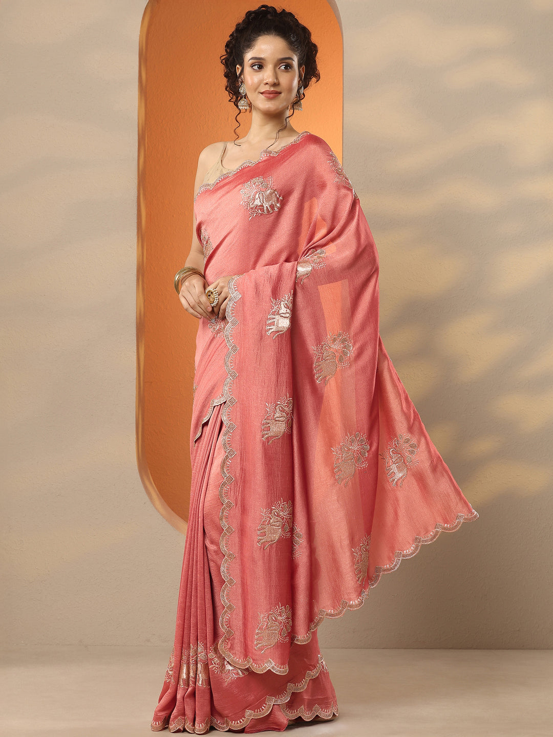 Pink Embellished Chinon Saree With Unstitched Blouse Piece