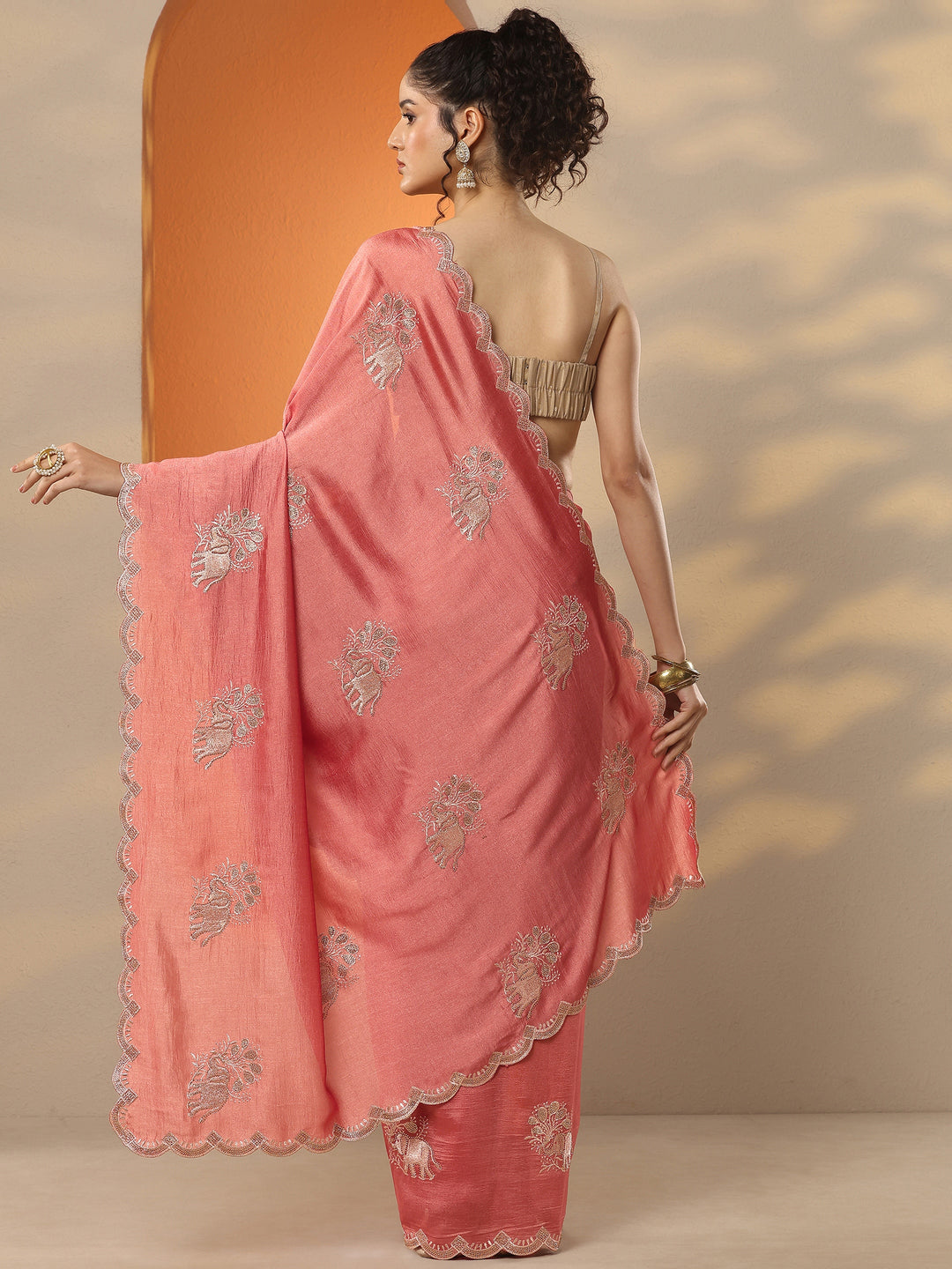 Pink Embellished Chinon Saree With Unstitched Blouse Piece