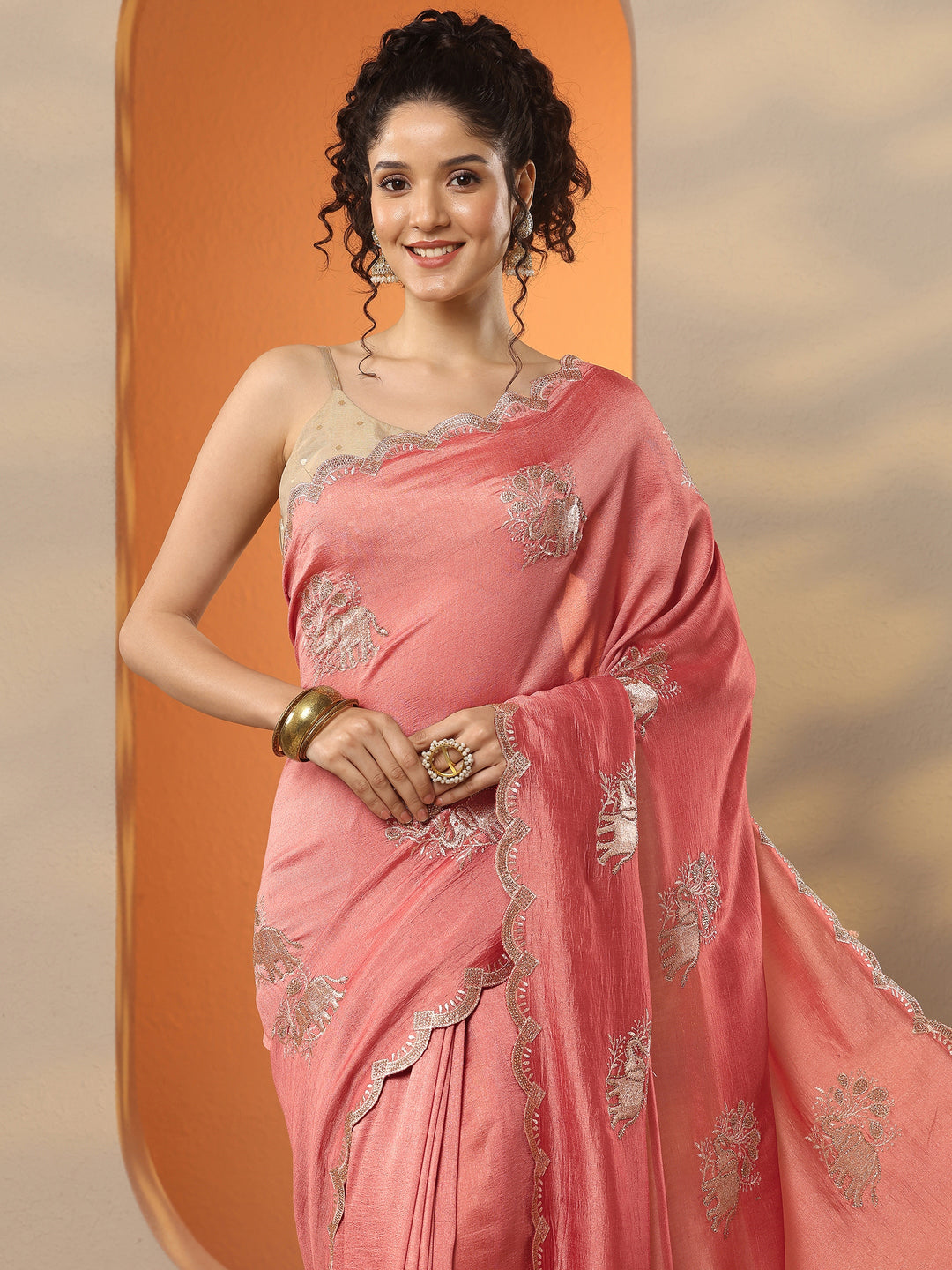 Pink Embellished Chinon Saree With Unstitched Blouse Piece