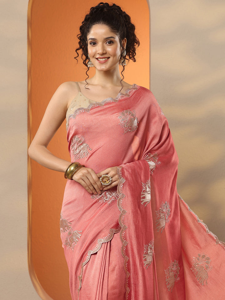 Pink Embellished Chinon Saree With Unstitched Blouse Piece