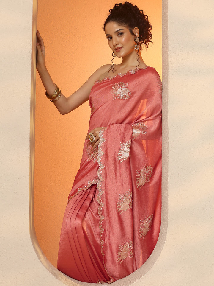 Pink Embellished Chinon Saree With Unstitched Blouse Piece