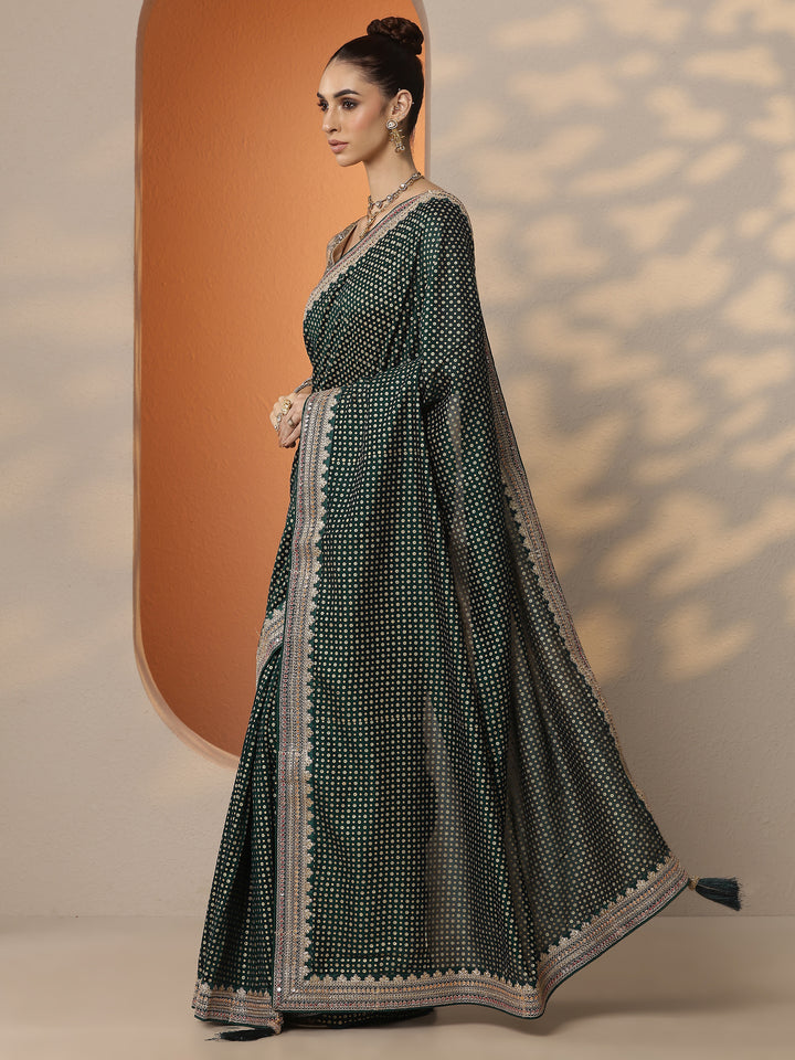 Green Printed Silk Blend Saree With Unstitched Blouse Piece