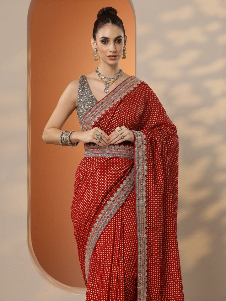 Red Printed Silk Blend Saree With Unstitched Blouse Piece