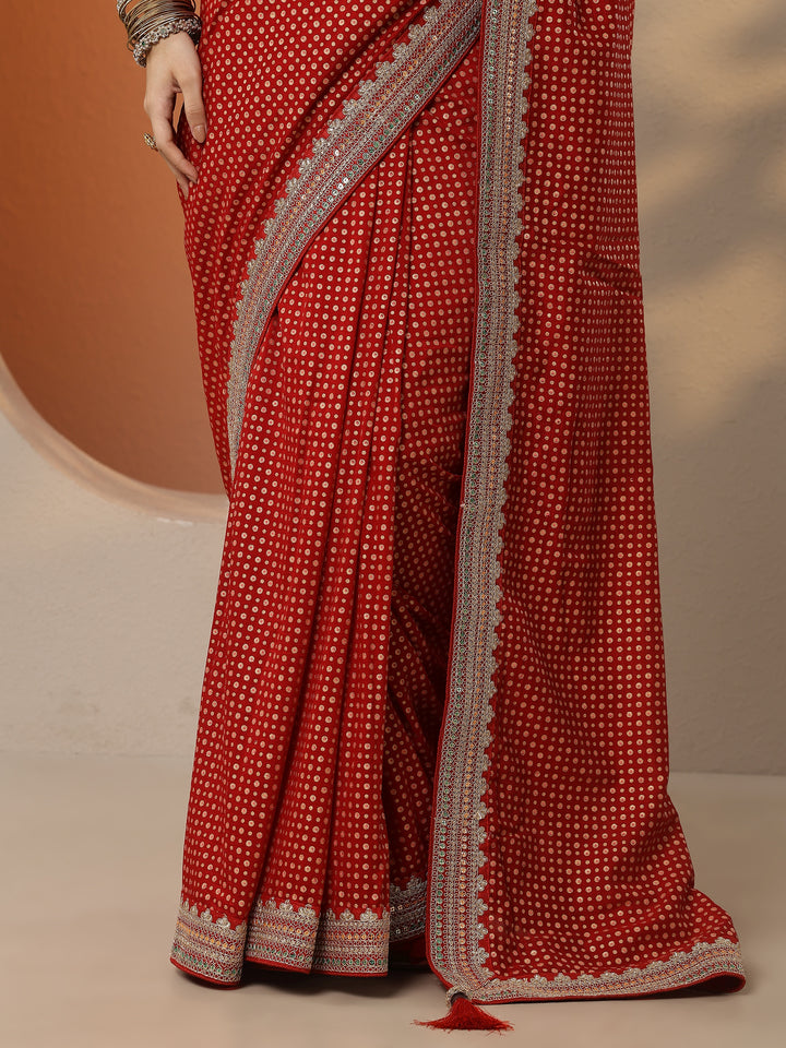 Red Printed Silk Blend Saree With Unstitched Blouse Piece