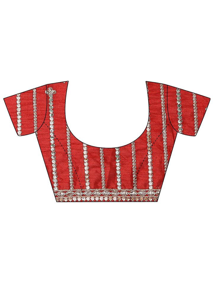 Red Printed Silk Blend Saree With Unstitched Blouse Piece