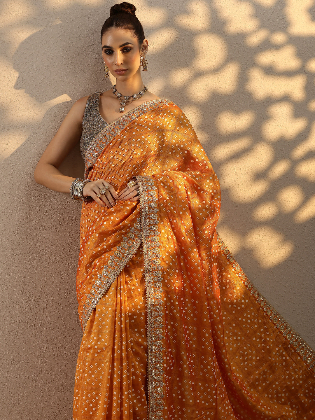 Mustard Bandhani Printed Silk Blend Saree With Unstitched Blouse Piece