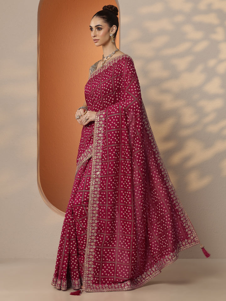 Pink Bandhani Printed Silk Blend Saree With Unstitched Blouse Piece
