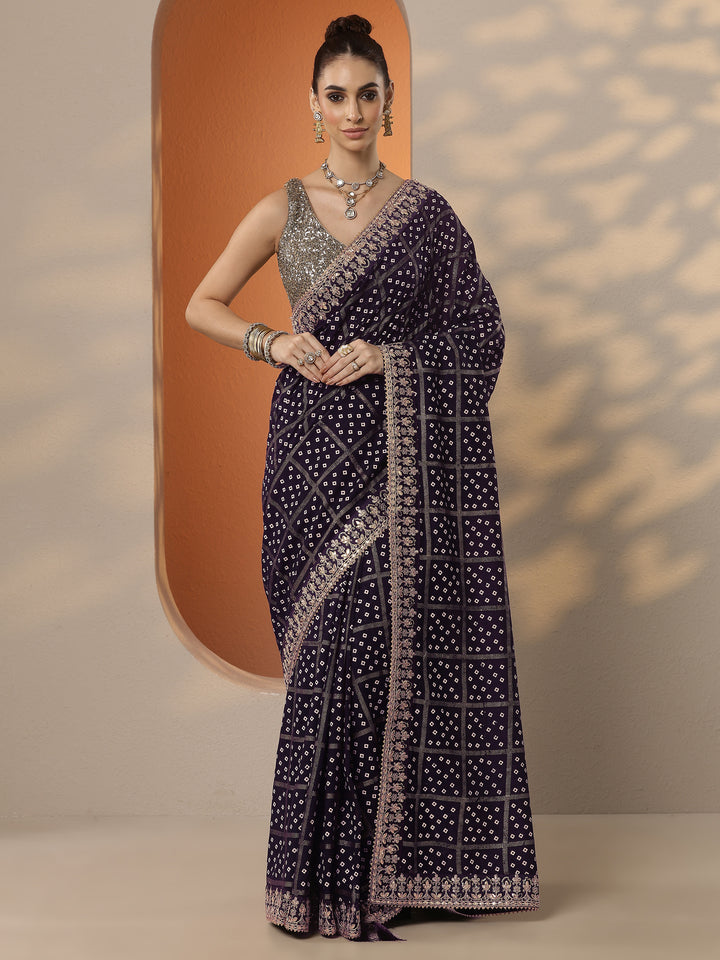 Purple Bandhani Printed Silk Blend Saree With Unstitched Blouse Piece