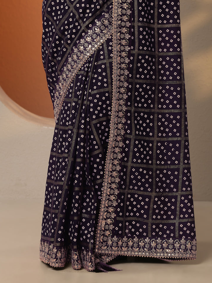 Purple Bandhani Printed Silk Blend Saree With Unstitched Blouse Piece