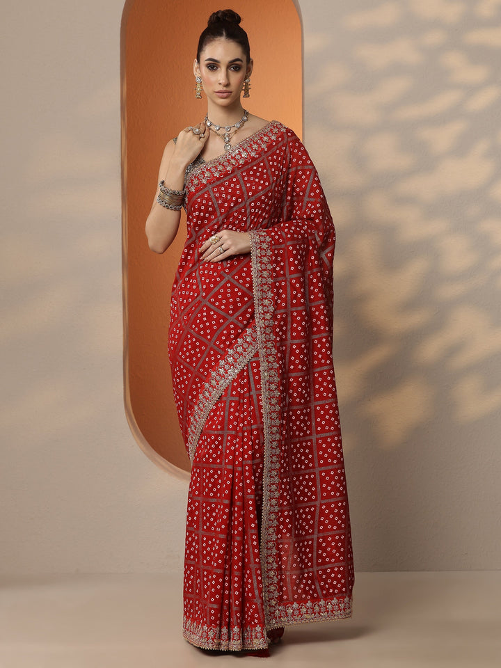 Red Bandhani Printed Silk Blend Saree With Unstitched Blouse Piece