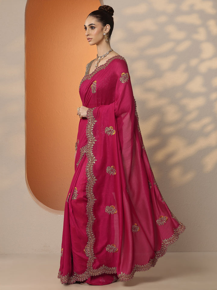 Pink Embellished Silk Blend Saree With Unstitched Blouse Piece