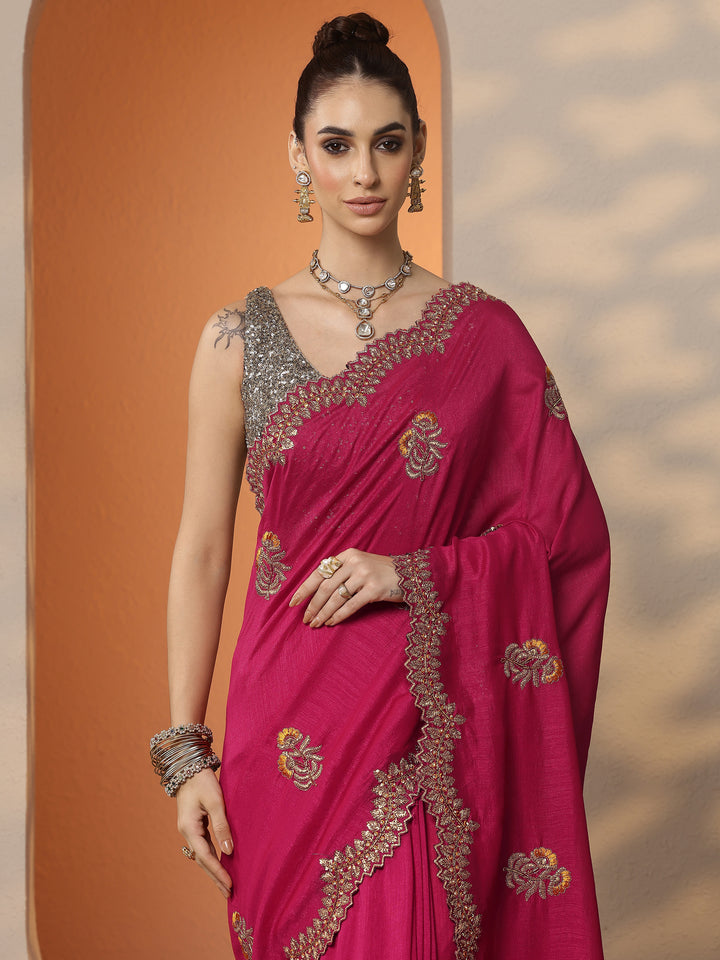 Pink Embellished Silk Blend Saree With Unstitched Blouse Piece