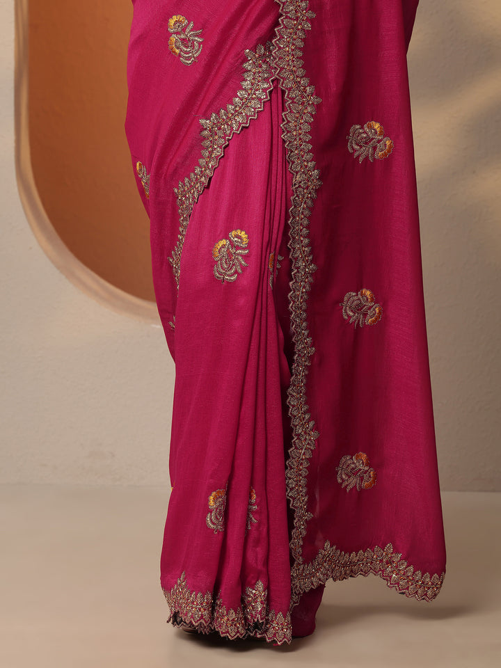 Pink Embellished Silk Blend Saree With Unstitched Blouse Piece