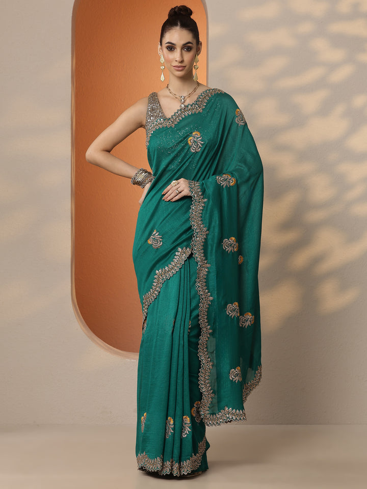 Green Embellished Silk Blend Saree With Unstitched Blouse Piece