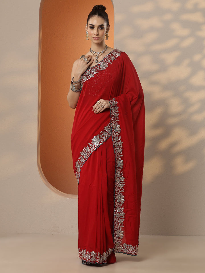 Red Solid Silk Blend Saree With Unstitched Blouse Piece