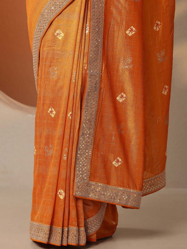 Orange Printed Silk Blend Saree With Unstitched Blouse Piece