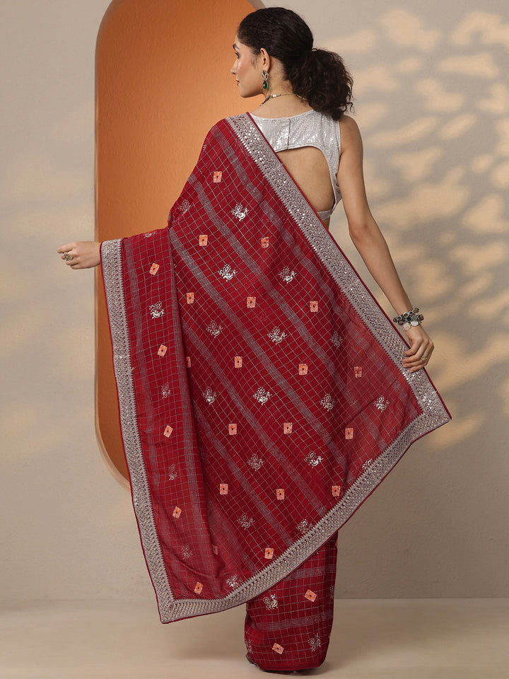 Red Printed Silk Blend Saree With Unstitched Blouse Piece