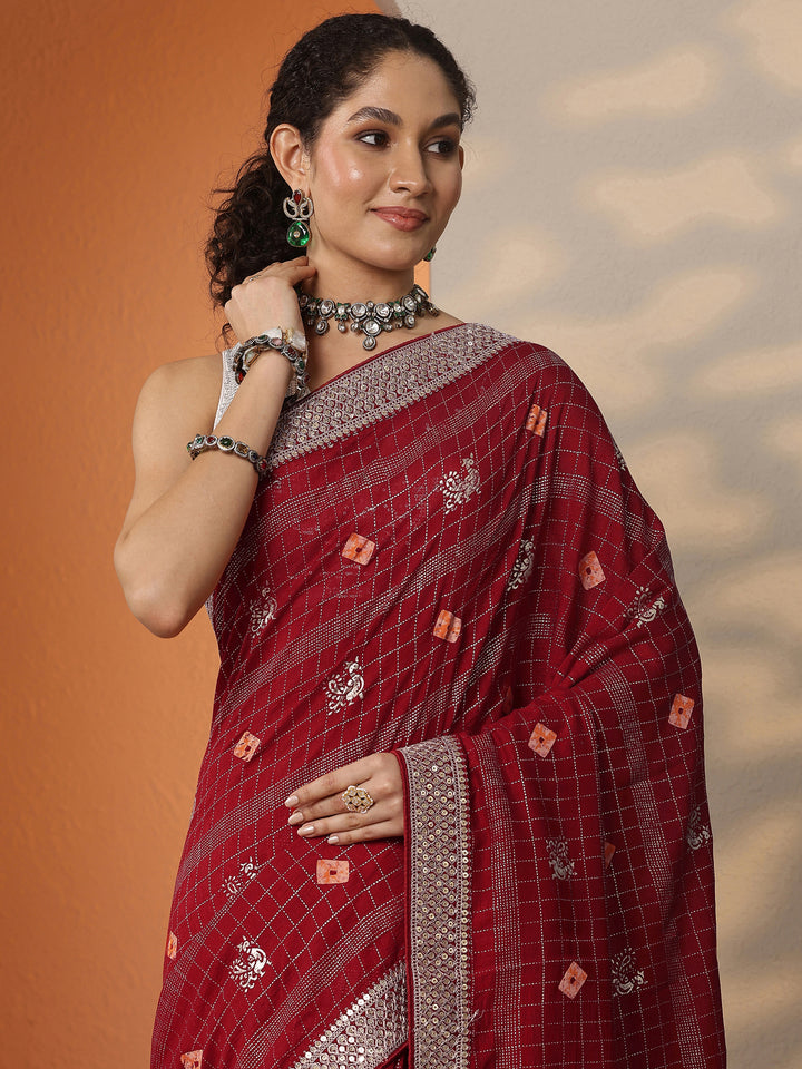 Red Printed Silk Blend Saree With Unstitched Blouse Piece