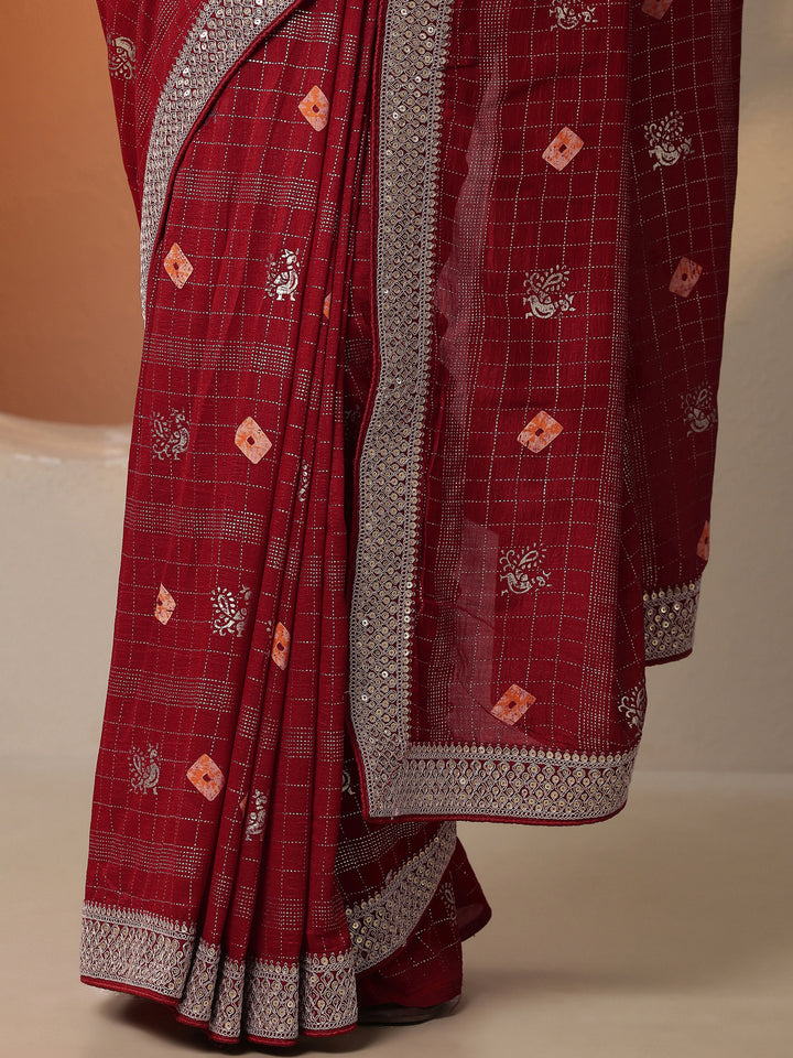 Red Printed Silk Blend Saree With Unstitched Blouse Piece