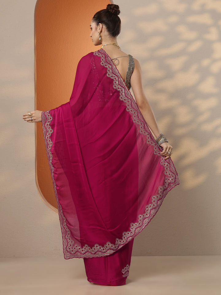 Pink Solid Chiffon Saree With Unstitched Blouse Piece