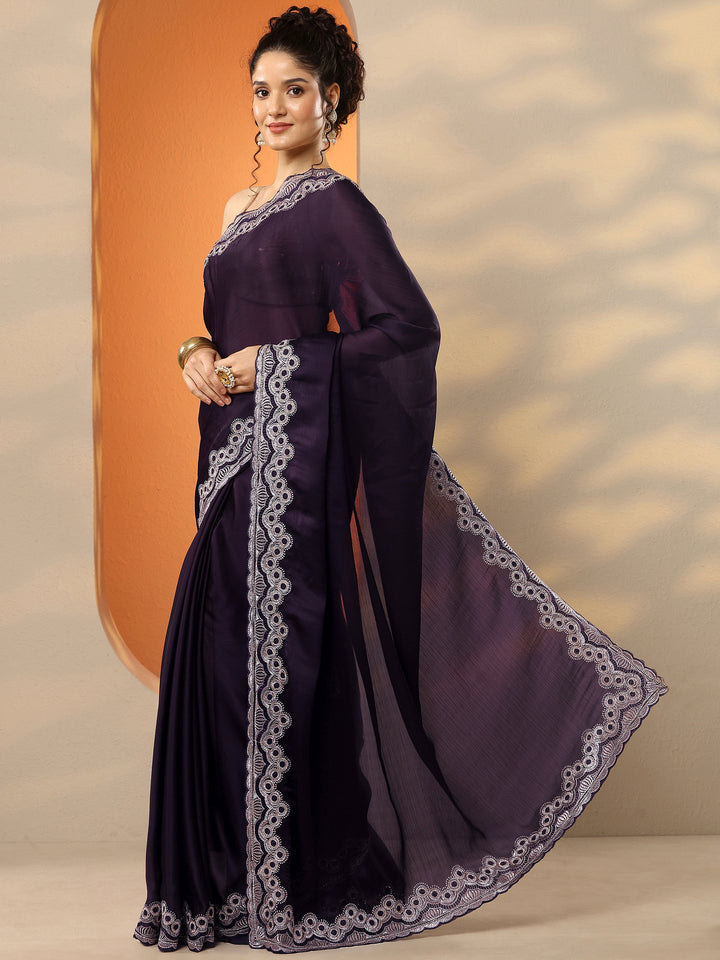 Burgundy Solid Chiffon Saree With Unstitched Blouse Piece