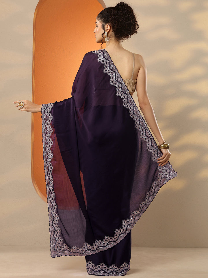 Burgundy Solid Chiffon Saree With Unstitched Blouse Piece