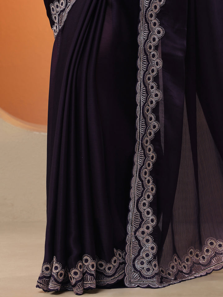 Burgundy Solid Chiffon Saree With Unstitched Blouse Piece