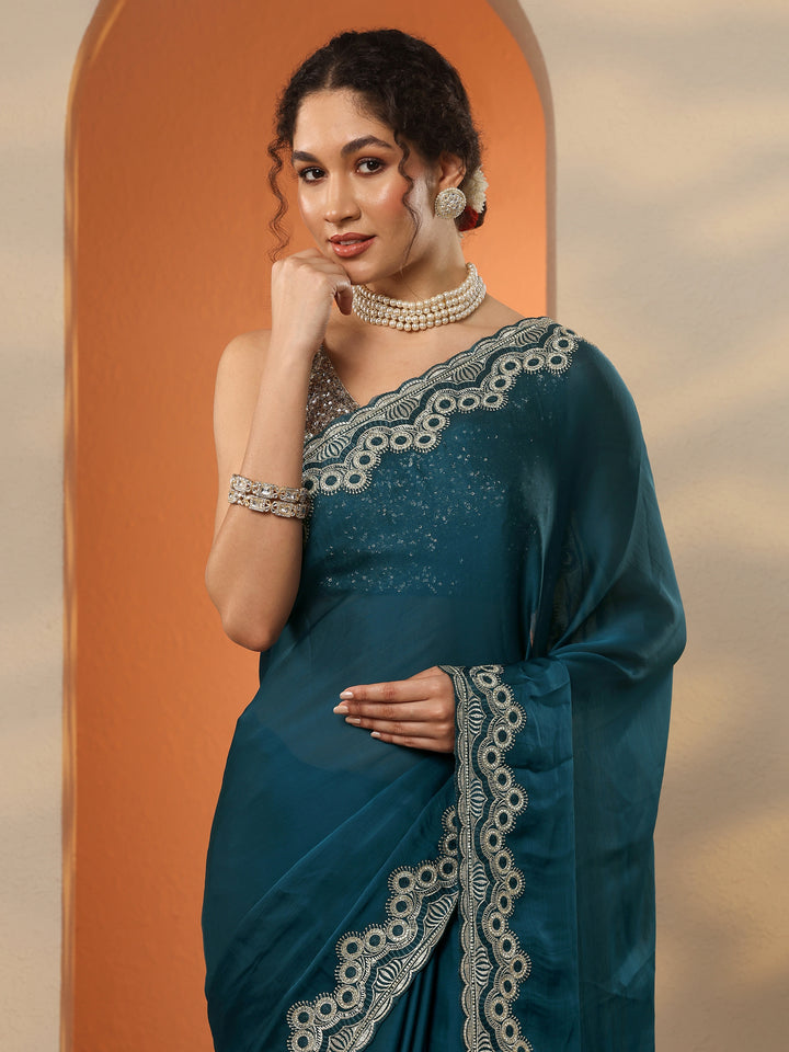 Blue Solid Chiffon Saree With Unstitched Blouse Piece