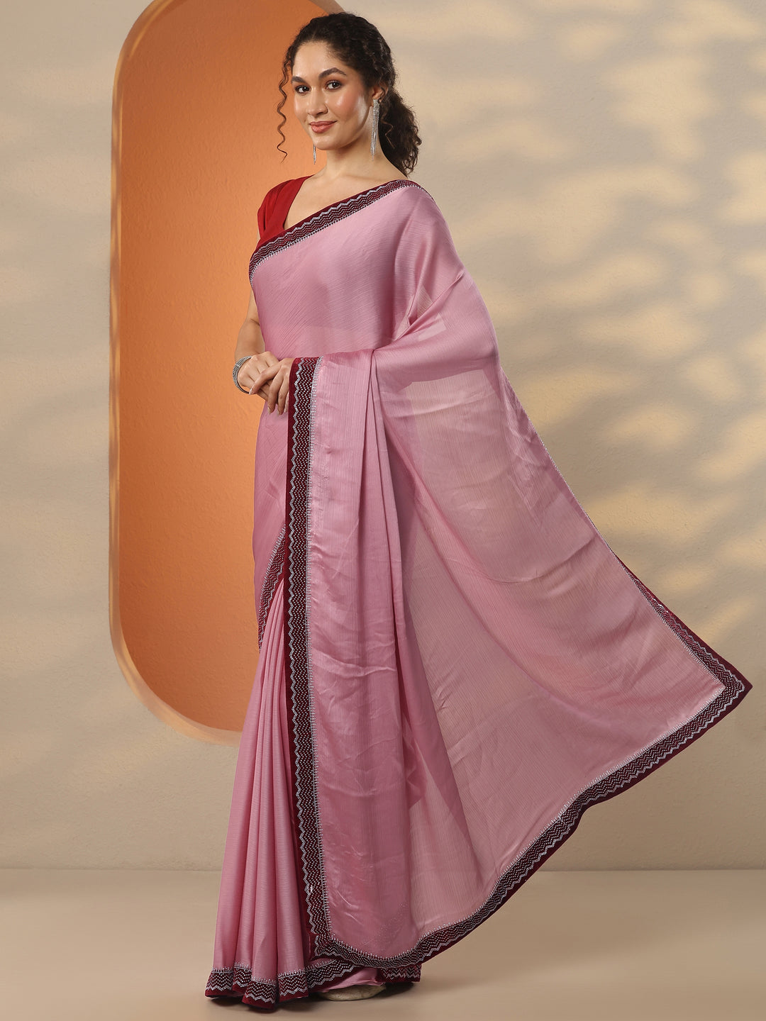 Pink Solid Chiffon Saree With Unstitched Blouse Piece