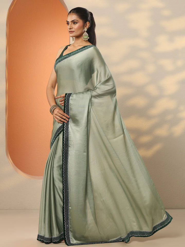 Green Solid Chiffon Saree With Unstitched Blouse Piece