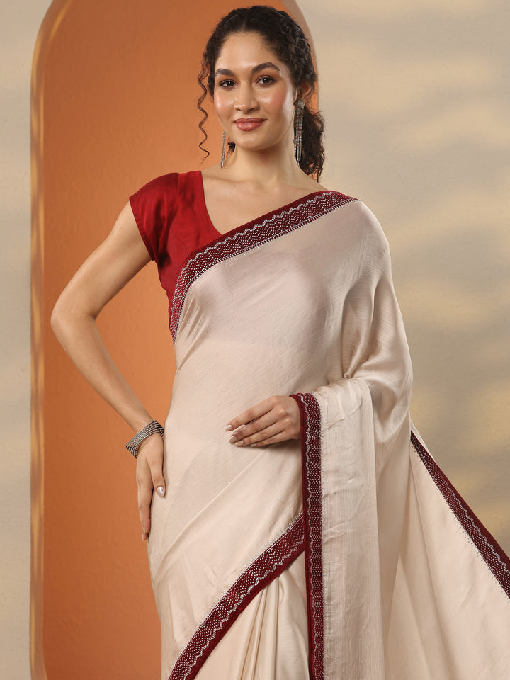 Beige Solid Chiffon Saree With Unstitched Blouse Piece