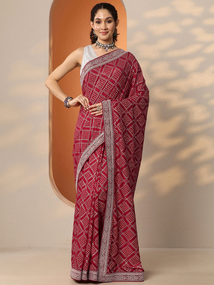 Red Bandhani Printed Silk Blend Saree With Unstitched Blouse Piece