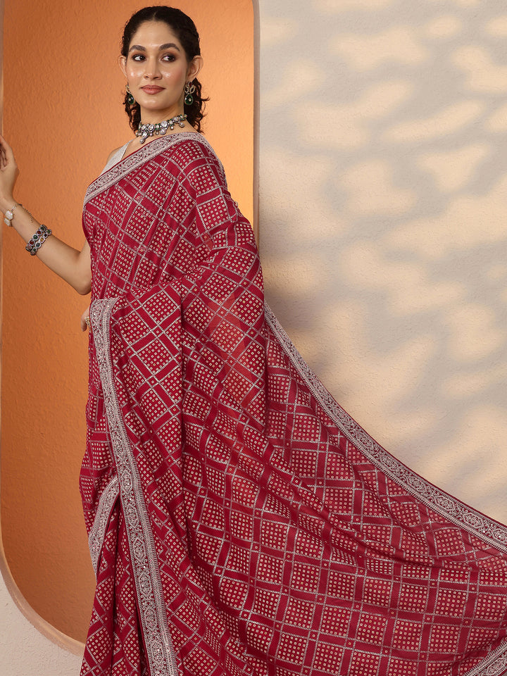 Red Bandhani Printed Silk Blend Saree With Unstitched Blouse Piece