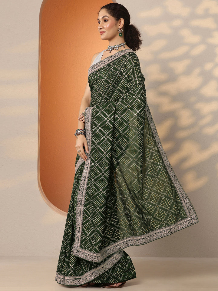Green Bandhani Printed Silk Blend Saree With Unstitched Blouse Piece