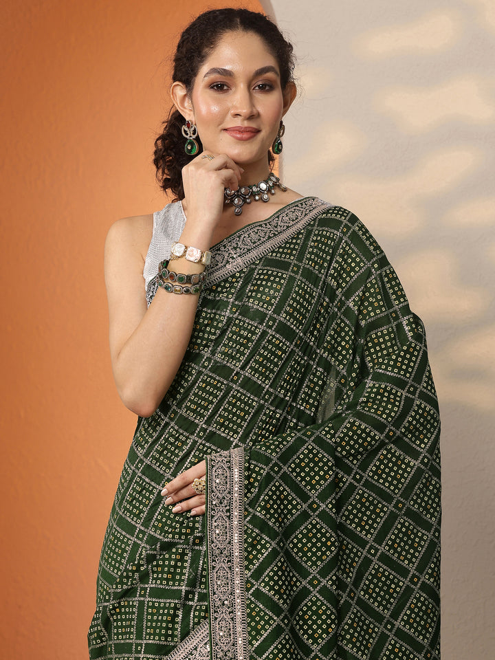Green Bandhani Printed Silk Blend Saree With Unstitched Blouse Piece