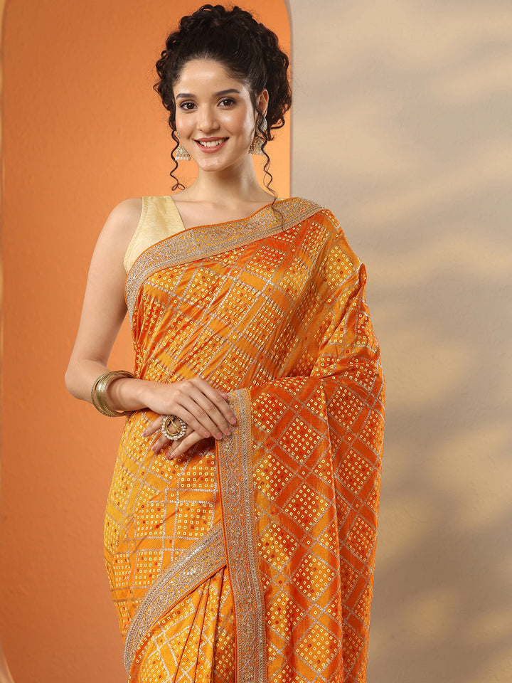 Orange Bandhani Printed Silk Blend Saree With Unstitched Blouse Piece