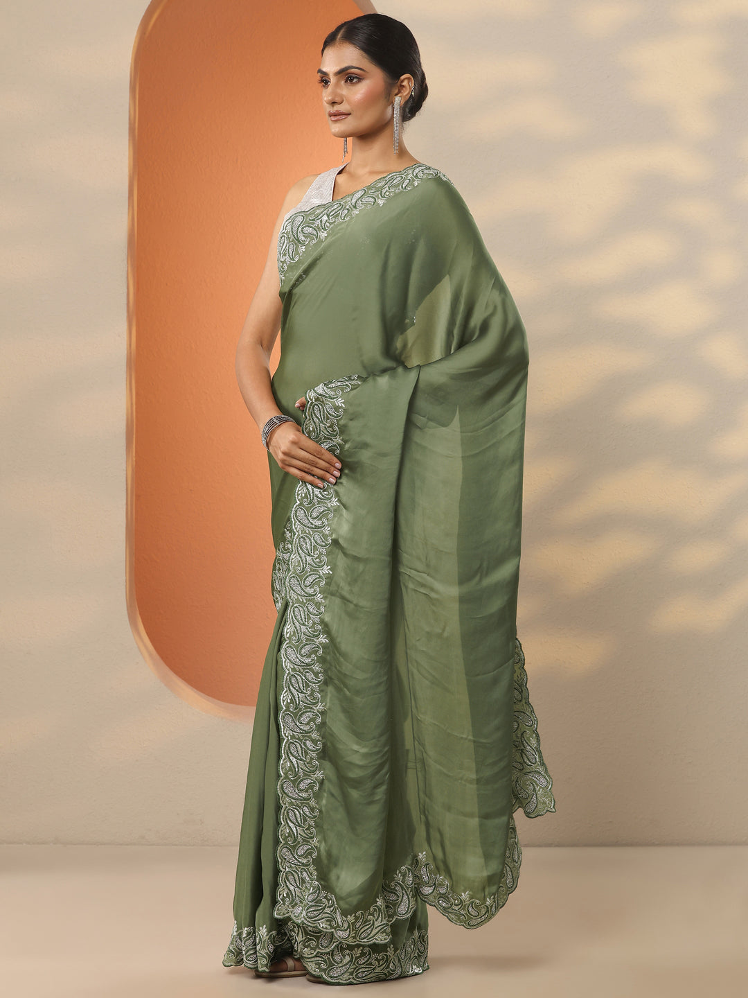 Green Solid Satin Saree With Unstitched Blouse Piece