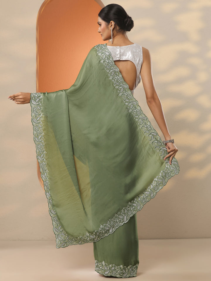 Green Solid Satin Saree With Unstitched Blouse Piece
