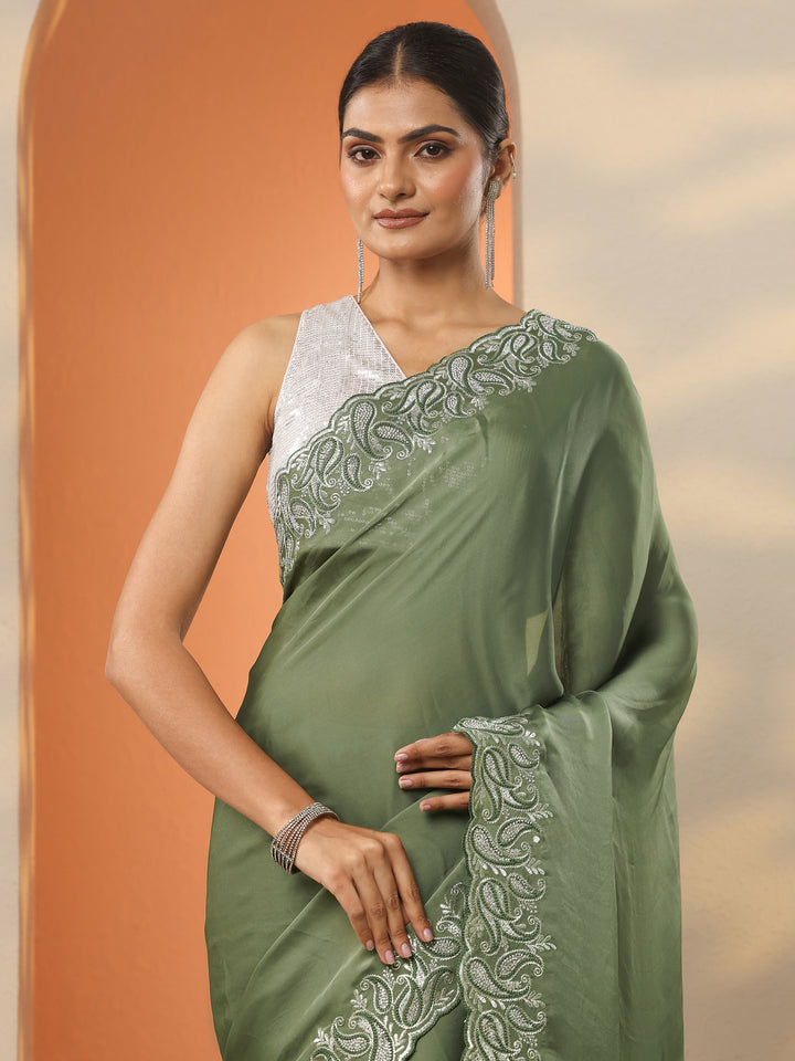 Green Solid Satin Saree With Unstitched Blouse Piece