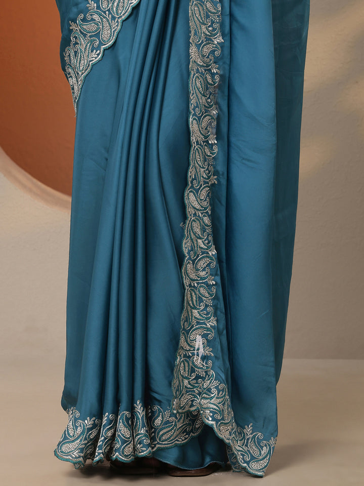 Blue Solid Satin Saree With Unstitched Blouse Piece