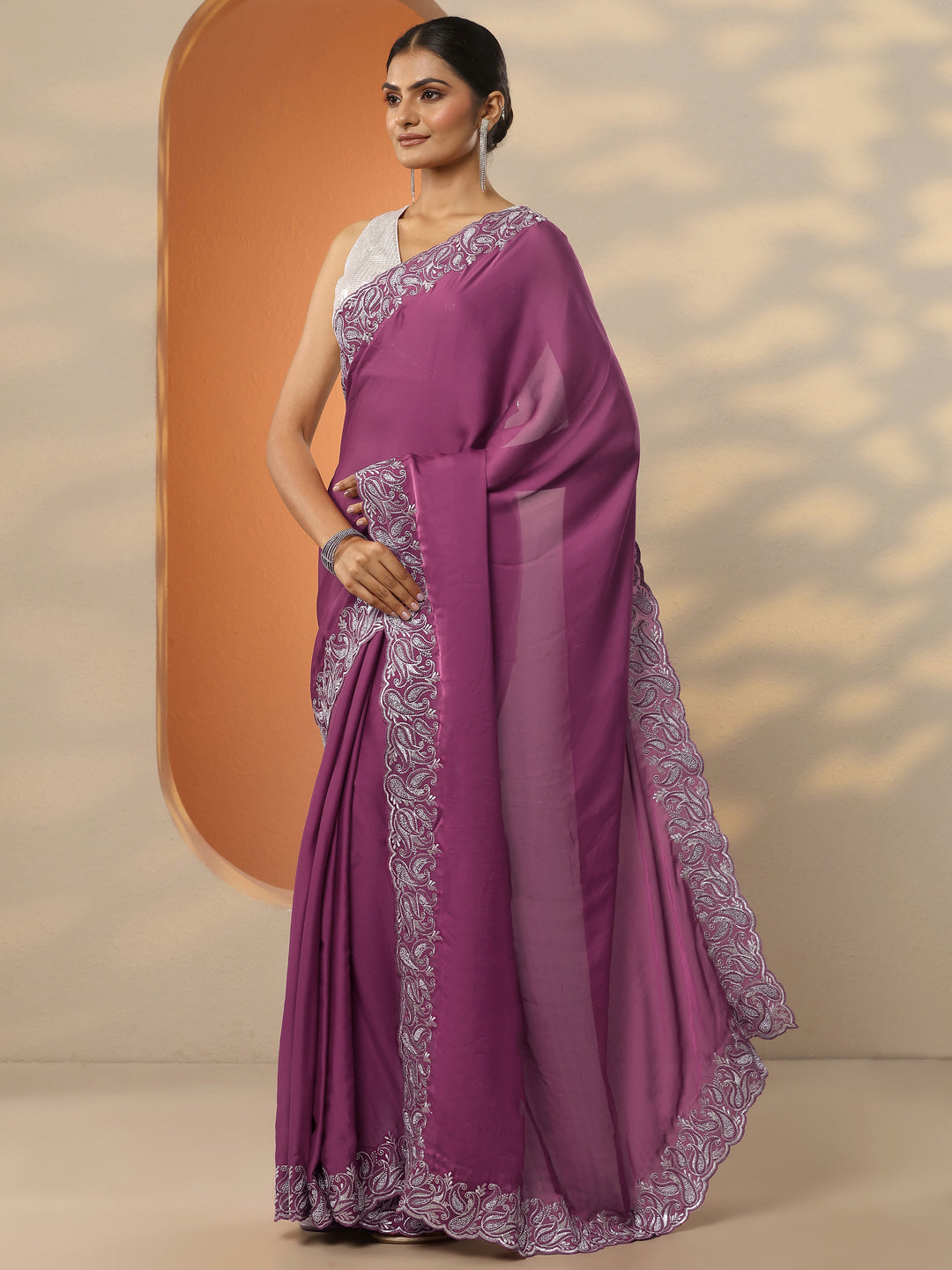 Mauve Solid Satin Saree With Unstitched Blouse Piece