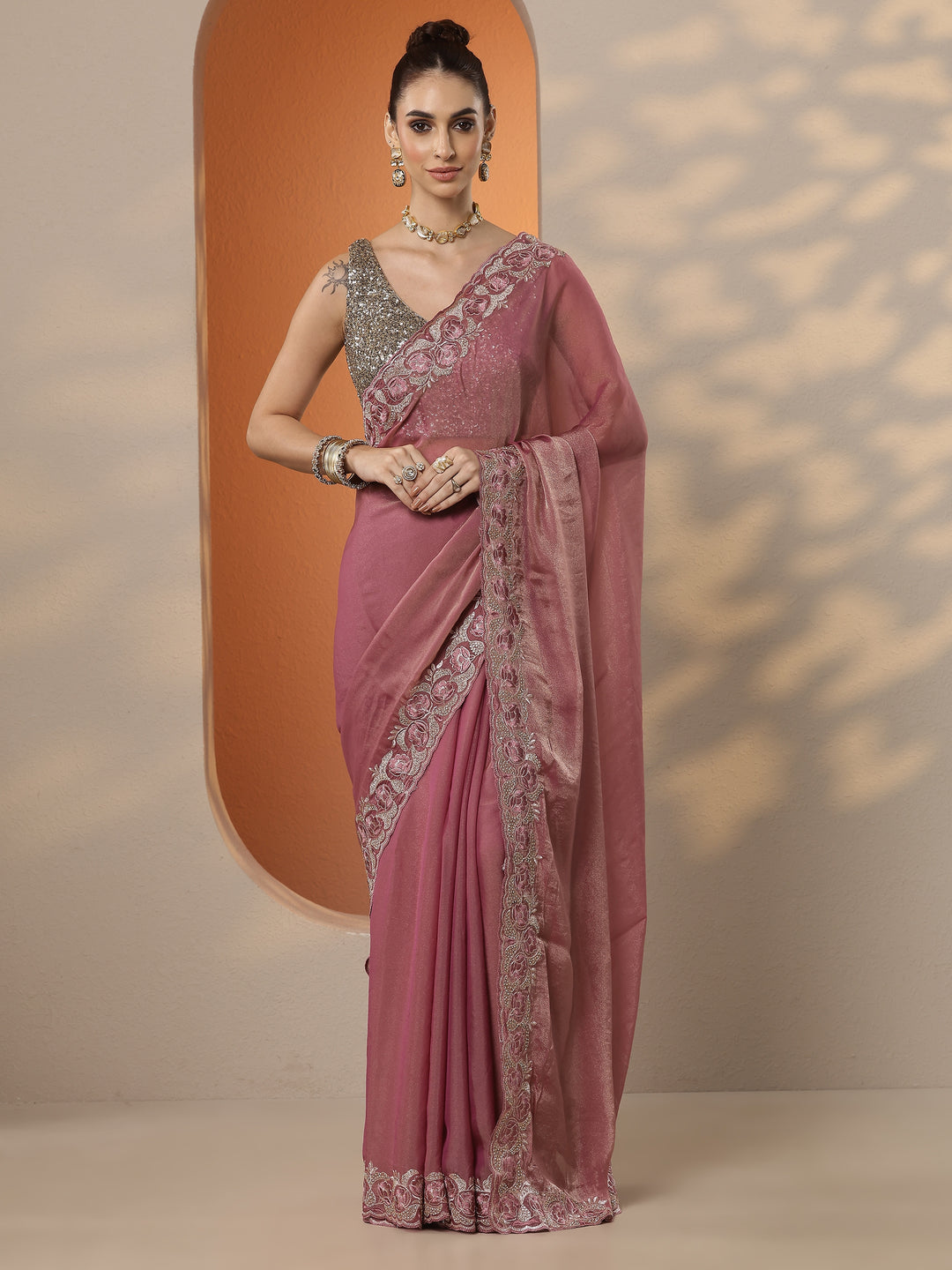 Pink Solid Organza Saree With Unstitched Blouse Piece