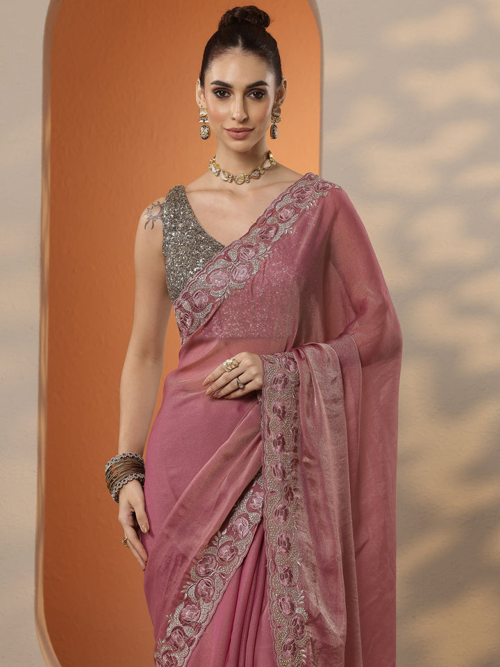 Pink Solid Organza Saree With Unstitched Blouse Piece