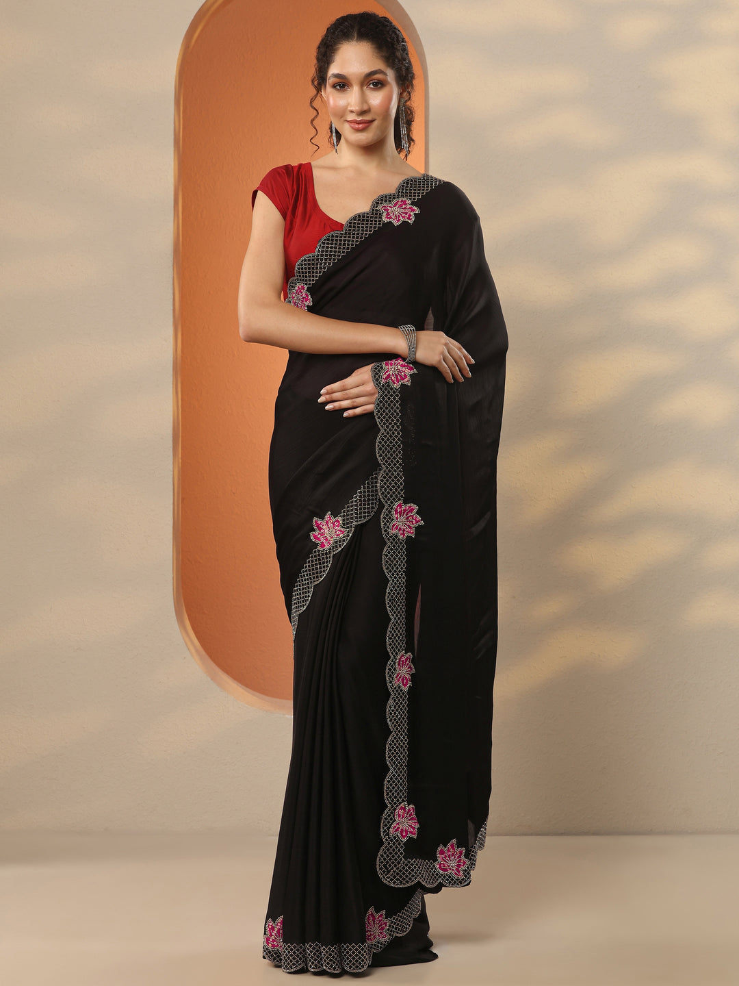Black Solid Chiffon Saree With Unstitched Blouse Piece
