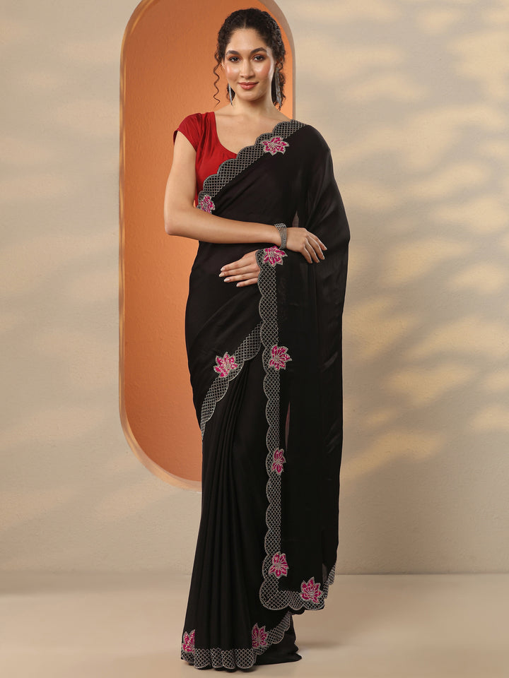 Black Solid Chiffon Saree With Unstitched Blouse Piece