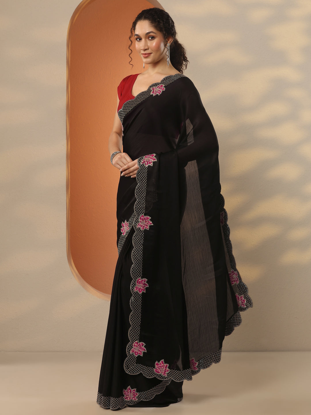 Black Solid Chiffon Saree With Unstitched Blouse Piece