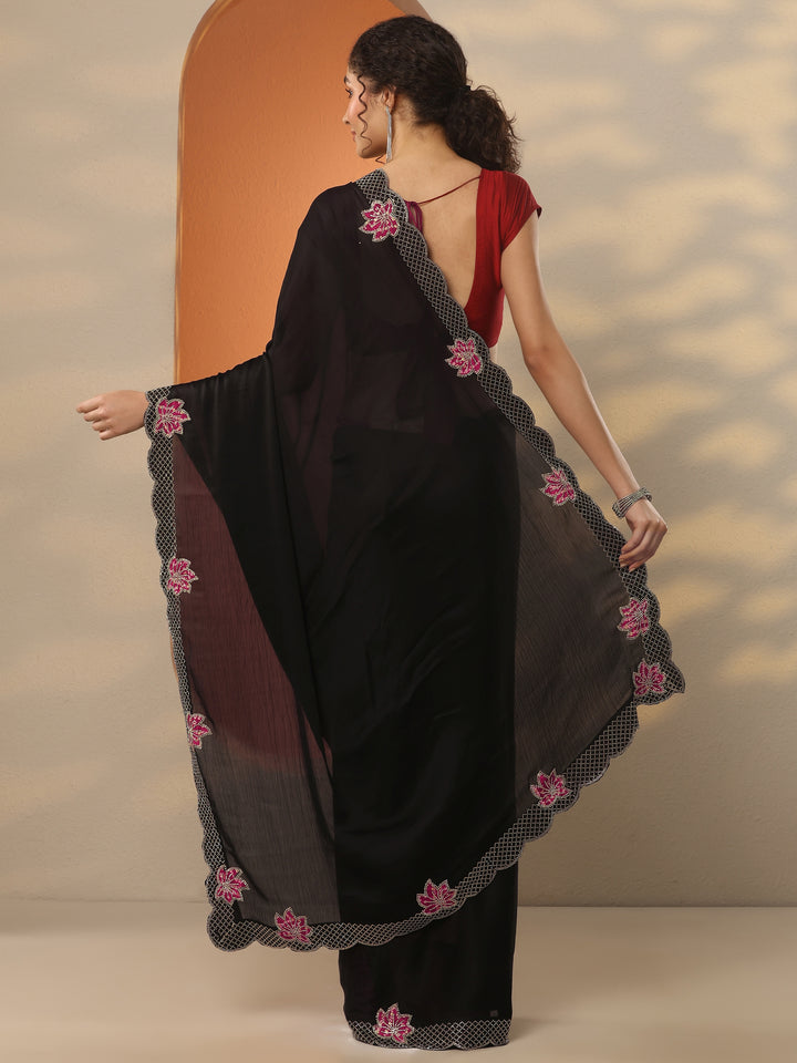 Black Solid Chiffon Saree With Unstitched Blouse Piece