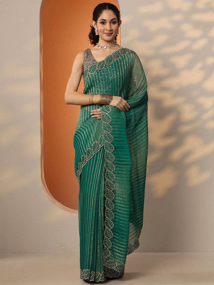 Green Embellished Chiffon Saree With Unstitched Blouse Piece
