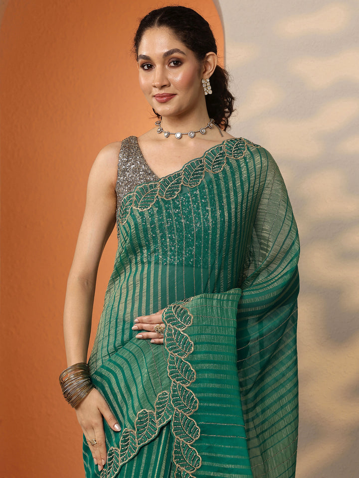 Green Embellished Chiffon Saree With Unstitched Blouse Piece